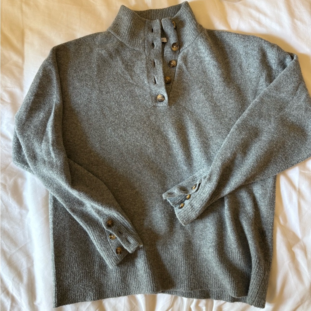 Zara Heather Gray Button-Up Mock Neck Sweater